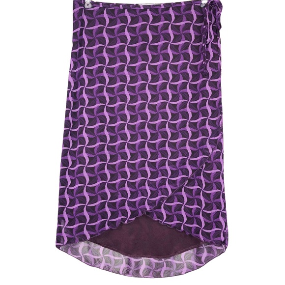 Vintage 90s Groovy Retro Printed Tulip Hem Boho Lightweight Wrap Skirt Purple  M - Picture 6 of 7
